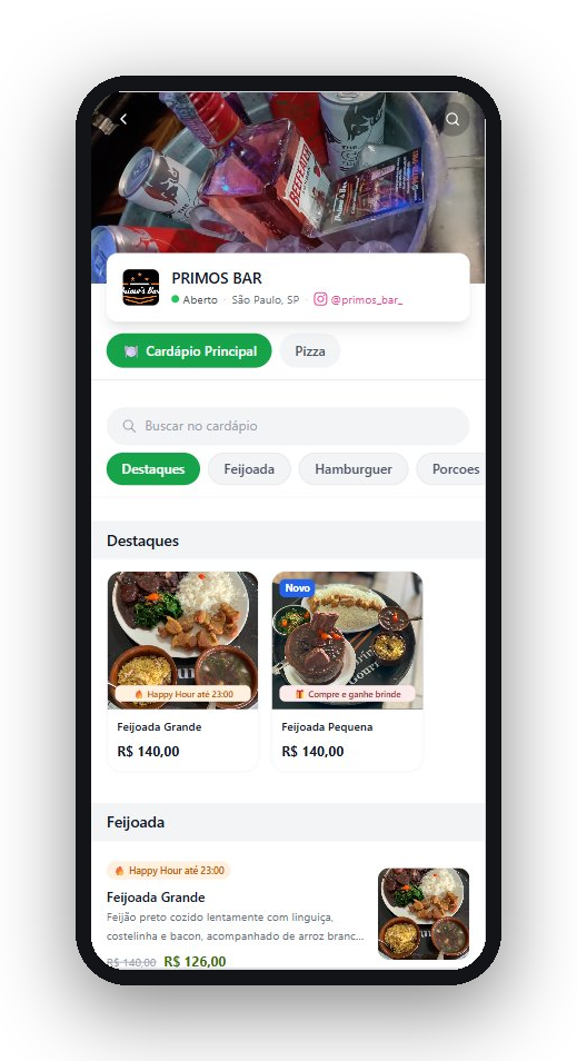 Cardápio digital do Proj Menu no celular